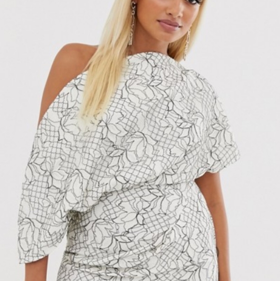 LAST CHANCE Asos Design Petite Fallen Shoulder Lace Mini Dress - Picture 2 of 6